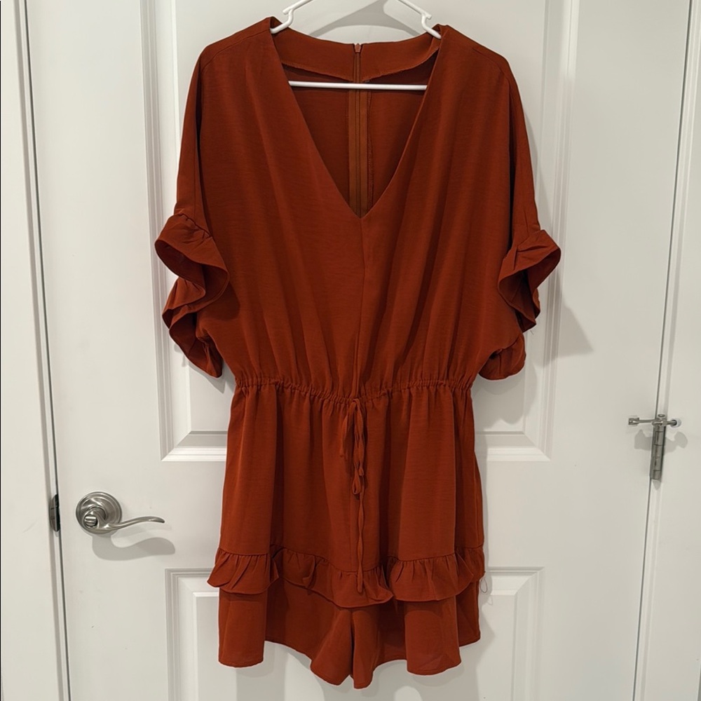 Rust Orange Ruffle Sleeve Romper